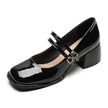 Imagem de Stunner Sapato social feminino grosso salto baixo Mary Janes salto feminino confortável bico fechado trabalho sapatos sapatos, C Preto, 37