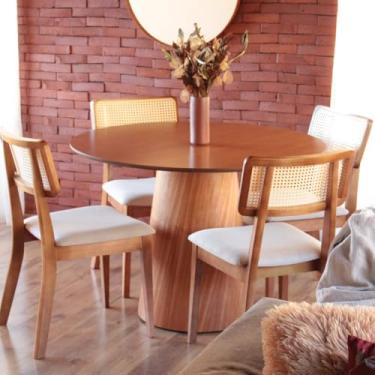 Imagem de Sala de Jantar Mesa de 100cm Redonda Tampo de BP Amadeirado com 4 Cadeiras em Madeira Maciça e Telinha Rattan