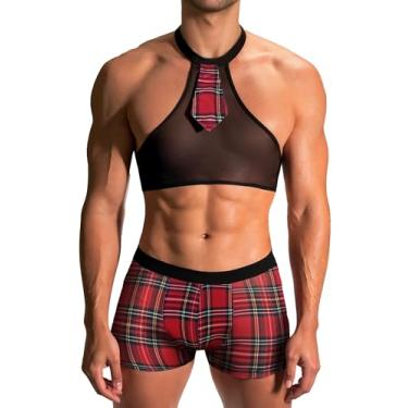 Imagem de Conjunto de lingerie masculina de Papai Noel, conjunto de roupa íntima sexy, gola alta, top cropped sem mangas, boxers de cintura baixa, chapéu de Natal, 3 peças, P