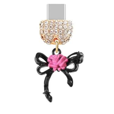 Imagem de ELISE & FONDA TP906 Tipo-C porta de carregamento cristal antipoeira plugue pequeno arco 3D Halloween com pingente de celular rosa rosa para iPhone 15/16/Samsung/OnePlus/Xiaomi/oppo telefones Android