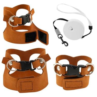 Imagem de Peitoral de dragão barbudo e coleira de couro ajustável, peitoral lagarto, 3 tamanhos com guia retrátil para caminhar ao ar livre (marrom)