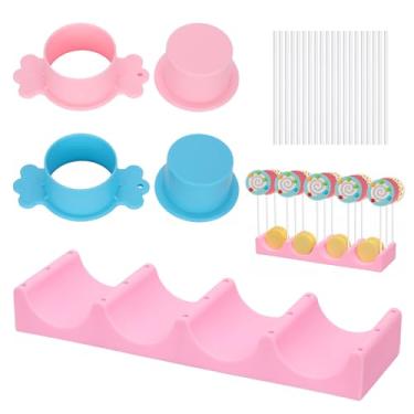 Imagem de AGIFTMIND Suporte de silicone de 15 furos para secar, suporte de exibição de pirulito com 2 moldes de bolo em forma de doces e 20 palitos para decorações de bolo de aniversário (rosa e azul, 23P)