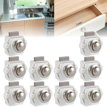 Imagem de 10 travas de botão de pressão, maçanetas de porta de armário de espessura de 18 mm, trava de gaveta de liga de zinco doméstica com parafuso, travas de armário sem chave para móveis, trailer, barco