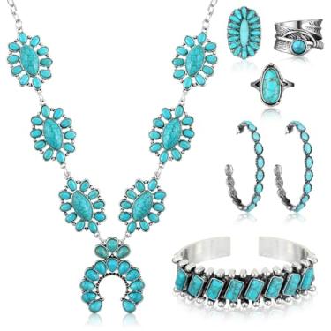 Imagem de Ecally Conjunto boêmio de joias ocidentais turquesa feminino pingente country longo gargantilha em camadas brincos anel para mulheres, one size, liga metálica, turquesa, couro artificial, Sem Pedra