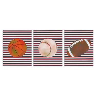 Imagem de Stupell Industries Conjunto de arte de parede em tela com listras e bolas esportivas, design de Marcus Prime, 35,5 x 28,5 cm