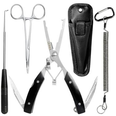 Imagem de DONQL Alicate de pesca, 5 peças de ferramentas de pesca resistentes à água salgada para anel dividido, removedor de anzol de pesca de aço inoxidável, acessórios de pesca com cordão, presentes de pesca