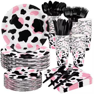 Imagem de Conjunto de talheres de festa Durony Pink Cow Print 350 peças