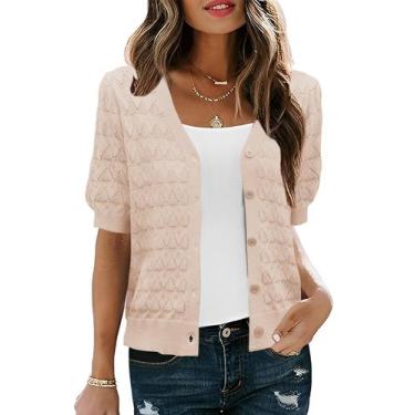 Imagem de Suéter de cardigã IECCP Puff de manga curta com decote em V para mulhe