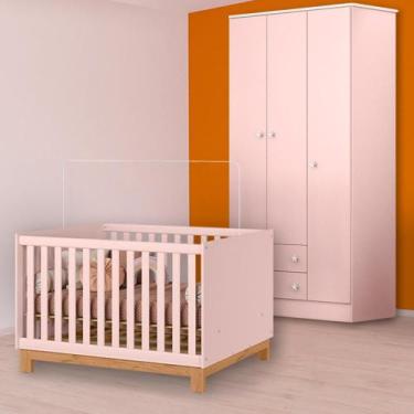 Imagem de Quarto Infantil Berço Mini Cama Slim e Guarda Roupa Rosa - Qmovi