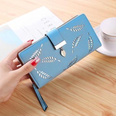 Imagem de Carteira feminina de couro dobrável de folha longa, porta-cartões, fivela com zíper, elegante, carteira clutch para mulheres, Azul, Tendência