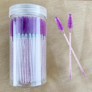 Imagem de 100 pincéis de rímel descartáveis para cílios e varinhas de substituição para extensões de cílios e pincel de sobrancelha com recipiente (Roxo)