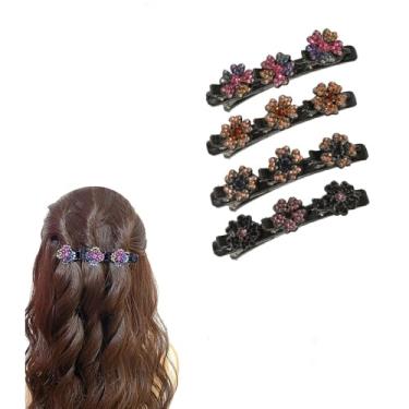 Imagem de 4 peças de grampos de cabelo de pedra de cristal, grampos de cabelo com flores brilhantes, grampo de cabelo trançado de bico de pato para mulheres