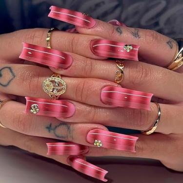 Imagem de Unhas postiças longas quadradas vermelhas com design simples de listras onduladas strass, cobertura completa, cola em bastão falso artificial em unhas de acrílico para mulheres, casamento, 24 peças