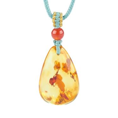 Imagem de ELEGAMBER Colar com pingente de gota de âmbar báltico natural feito à mão, cor conhaque, pedra âmbar polida, embalagem de caixa de presente de madeira, colar eletrônico de pedra energética