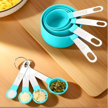 Imagem de Conjunto de 8 peças de copos e colheres medidores com alça de aço inoxidável para ingredientes secos e líquidos com cabeça de plástico para assar e cozinhar (verde)