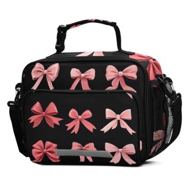 Imagem de Lancheira preta com laço vermelho rosa para meninas, crianças, lancheira com isolamento térmico, lancheira reutilizável, alça de ombro congelável para piquenique escolar