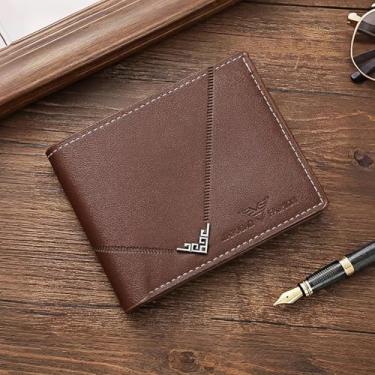Imagem de Carteira de couro slim fold masculina minimalista com janela de identidade, bolso frontal, dobrável, presente adequado para ele, Marrom, Criativo