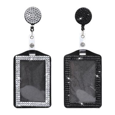 Imagem de 2un Porta-Crachás Identificação Brilhante, Porta-Crachás Vertical Strass Cordão Retrátil Pescoço Clipe Cristal Crachá Trabalho Enfermeira Professor Aluno Acessórios Funcionários Escritório