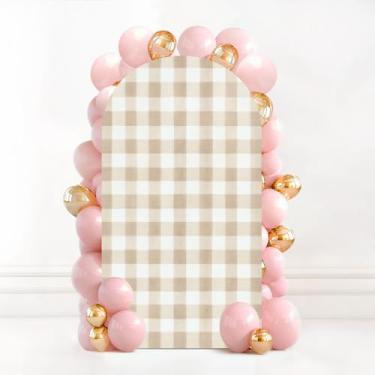 Imagem de Capa de fundo de arco de casamento de 2,5 m bege, guingão, sem costura, pastel, xadrez, bege, branco, para elastano com tecido justo, parte superior redonda, capa elástica para decoração de chá de