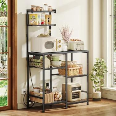 Imagem de Huuger Rack de padeiro de 80 cm com tomadas, suporte de micro-ondas de cozinha com armazenamento, barra de café com 4 ganchos, prateleiras abertas de 3 níveis de altura, cinza