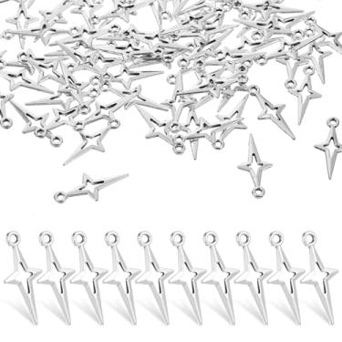 Imagem de YQQYG 100 pingentes de estrela de prata, pingentes pequenos de metal oco de quatro pontas, pingente de fabricação de joias para colar, brincos, pulseiras, suprimentos de artesanato, pingentes