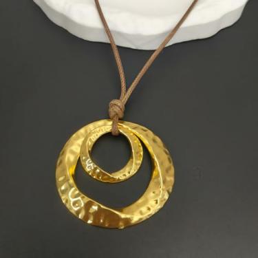 Imagem de Colar Boho feminino de ouro grosso com pingente longo, joia chique caubói ocidental, gargantilha de couro para shows country, presentes de amizade, enfeites de Natal, Medium, Latão, Sem Pedra Preciosa