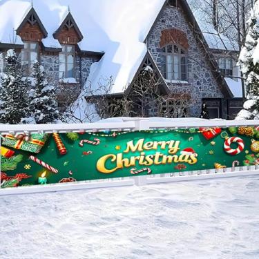 Imagem de HOMETITUTE Faixa de Feliz Natal 299 x 50 cm Grande Decoração de Natal Verde com Caixa de Presente de Bengala Doce Design de Pinha para Cerca Externa Varanda Parede Pano de Fundo de Festa de Natal