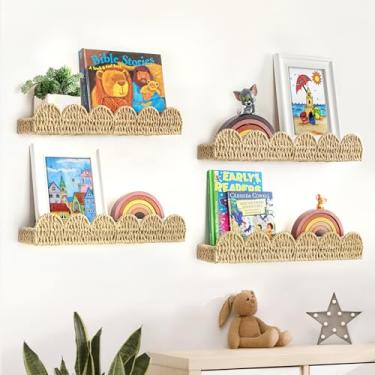 Imagem de AELS Estante de berçário recortada, conjunto de 4, prateleira de borda para decoração de parede, prateleiras flutuantes de papel palha tecido para livros, brinquedos, molduras de fotos, berçário