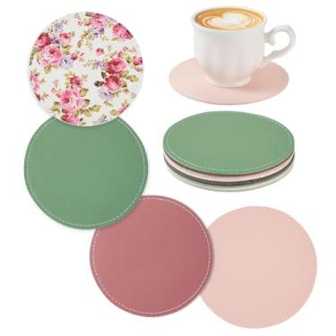 Imagem de Handship Conjunto de 8 porta-copos de couro, porta-copos redondos vintage de 10 cm, tapetes de copos de cor mista para mesa de café, casa, cozinha, decorações de mesa de escritório, presentes de