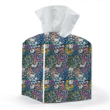 Imagem de Capa de caixa de lenços, suporte de caixa de lenços, quadrado com fundo de cinto, organizador decorativo de couro PU para mesa, bancada, banheiro, carro, escritório, cômoda, decoração de flores e