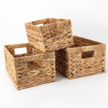 Imagem de Cestas de armazenamento de jacinto de água tecidas à mão com alças, conjunto de 3 organizadores de despensa, cesto de vime decorativo para prateleiras, cozinha, organização de armário de banheiro