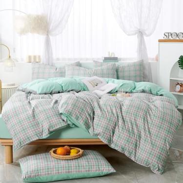 Imagem de Capa de edredom tamanho Queen Green Gingham – Roupa de cama de verão de microfibra leve – 1 capa de edredom reversível com 2 zíperes de metal e 2 fronhas com fecho profundo de envelope, respirável
