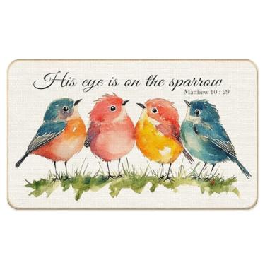 Imagem de LADOCK Bird Christian Tapete de porta de linho sintético, His Eye is on the Sparrow Bíblia versículo capacho para entrada interna externa, tapetes de boas-vindas religiosos cristãos para porta da