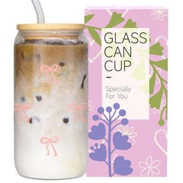 Imagem de JEWNOLEE Copos de vidro estéticos com tampas e canudos, copo de café gelado com laço rosa, 473 ml, copo de vidro fofo com caixa de presente para meninas, mulheres, amigas, rosa