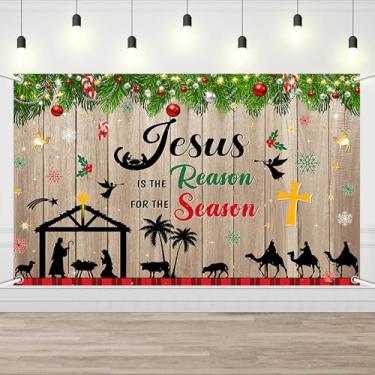Imagem de AIBIIN Banner de Natal Jesus é a razão para o presépio da estação, fundo de madeira rústica com xadrez vermelho e guirlanda de pinheiro para decoração de Natal 179 x 110 cm