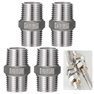 Imagem de 1/2 Npt Macho X Macho Hex Nipple Pipe Fittings, Conjunto de 4, 304 conectores de tubos de aço inoxidável para encanamento, combustível, água