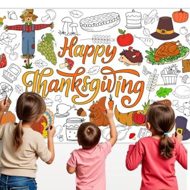 Imagem de Zharkoo Toalha de mesa para colorir de Ação de Graças, 78 x 182 cm, capa de mesa de papel grande com abóboras, perus, desenhos de espantalho e colheita, pôster de colorir para festas de fim de ano
