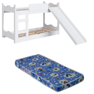 Imagem de Beliche Infantil com Colchão, Escorregador, Grades Laterais e Escada Cor Branco - Completa Móveis