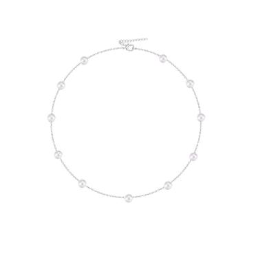 Imagem de Colar feminino banhado a prata delicada/ouro 14 K, colar de pérolas, redondo, branco, imitação de pérolas, simples, 16inches, Aço inoxidável, Sem Pedra Preciosa