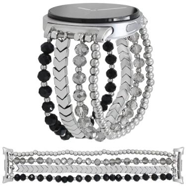 Imagem de WONMILLE Pulseira de contas compatível com Samsung Galaxy Watch 8 de 40 mm/44 mm Watch8 Classic de 46 mm, pulseira feminina elástica para Galaxy Watch 8/8 Classic (preta/prata, G)