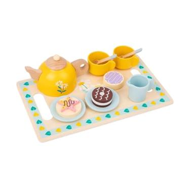 Imagem de menolana Conjunto de chá de madeira para brincar de faz de conta com bule, xícaras, porta-copos, sobremesas, acessórios de cozinha para festa do chá. Ideal