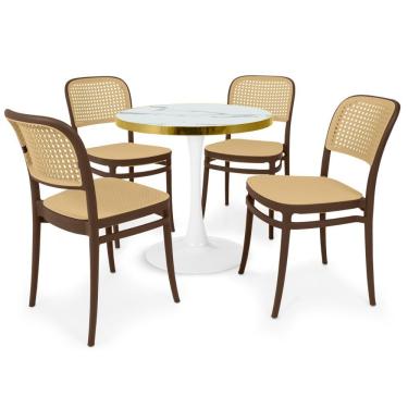 Imagem de Conjunto Mesa De Jantar Redonda Majestic 70cm Branca Com 4 Cadeiras Roma - Marrom