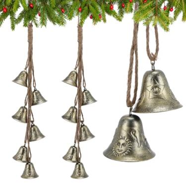 Imagem de Moxweyeni Conjunto de 2 sinos de Natal para decoração de sino vintage de latão com corda de pendurar, ornamentos rústicos grandes para guirlanda de árvore de Natal, guirlanda de janelas, portas e