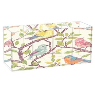 Imagem de SEHANY Lindo porta-canetas de acrílico com flores em aquarela, pássaro, 4 compartimentos, porta-lápis transparente, organizador de pincéis de maquiagem, organizador de papelaria para escritório, casa