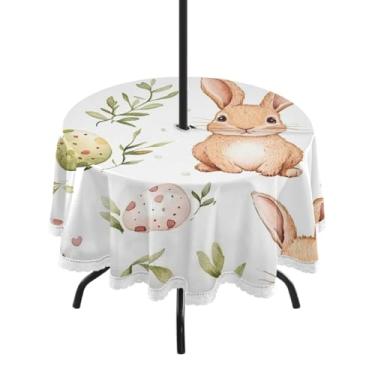 Imagem de Blueangle Toalha de mesa redonda impermeável de 152 cm para ambientes externos coelhinhos da Páscoa com orifício para guarda-chuva - Tecido resistente para todos os climas à prova de sol para pátio