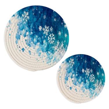 Imagem de Blueangle 2 peças de suporte de panela com flocos de neve caindo - conjunto de pegadores de panela de tecido redondo - almofadas quentes trançadas de algodão - porta-copos - tapetes de mesa para