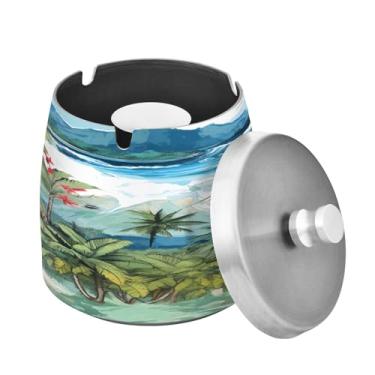 Imagem de Blueangle Cinzeiro com estampa de palmeira Havaí com tampa para cigarros, à prova de vento/chuva, aço inoxidável, sem fumaça, inodoro, cinzeiro para uso interno ou externo (480)