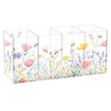 Imagem de SEHANY Porta-canetas de acrílico com flores silvestres coloridas, 4 compartimentos, porta-lápis transparente, organizador de pincéis de maquiagem, organizador de papelaria para escritório, casa
