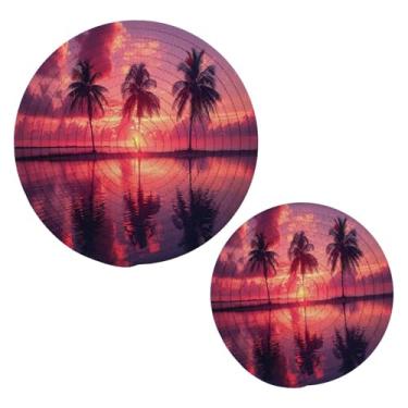 Imagem de Blueangle 2 peças lindas palmeiras nascer do sol - conjunto de pegadores de panela de tecido redondo - almofadas quentes trançadas de algodão - porta-copos - tapetes de mesa para cozinhar e assar (282