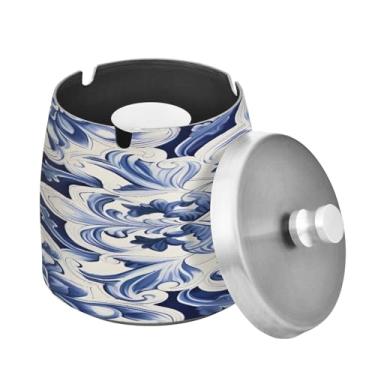 Imagem de Blueangle Cinzeiro azul vintage com tampa para cigarros, à prova de vento/à prova de chuva, aço inoxidável, sem fumaça, inodoro, cinzeiro para uso interno ou externo (567)